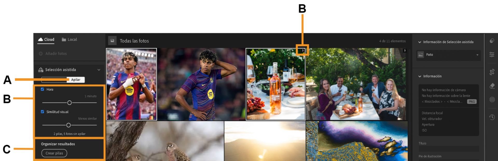 Se abre un álbum de niños en el lienzo de Lightroom donde se destaca la función Apilar.