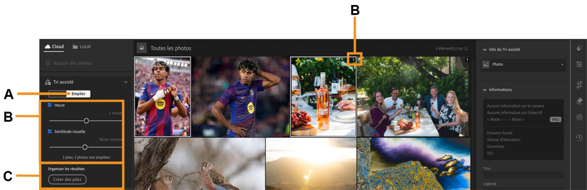 Un album d’enfants est ouvert sur la zone de travail de Lightroom, avec la fonctionnalité Empiler mise en évidence.