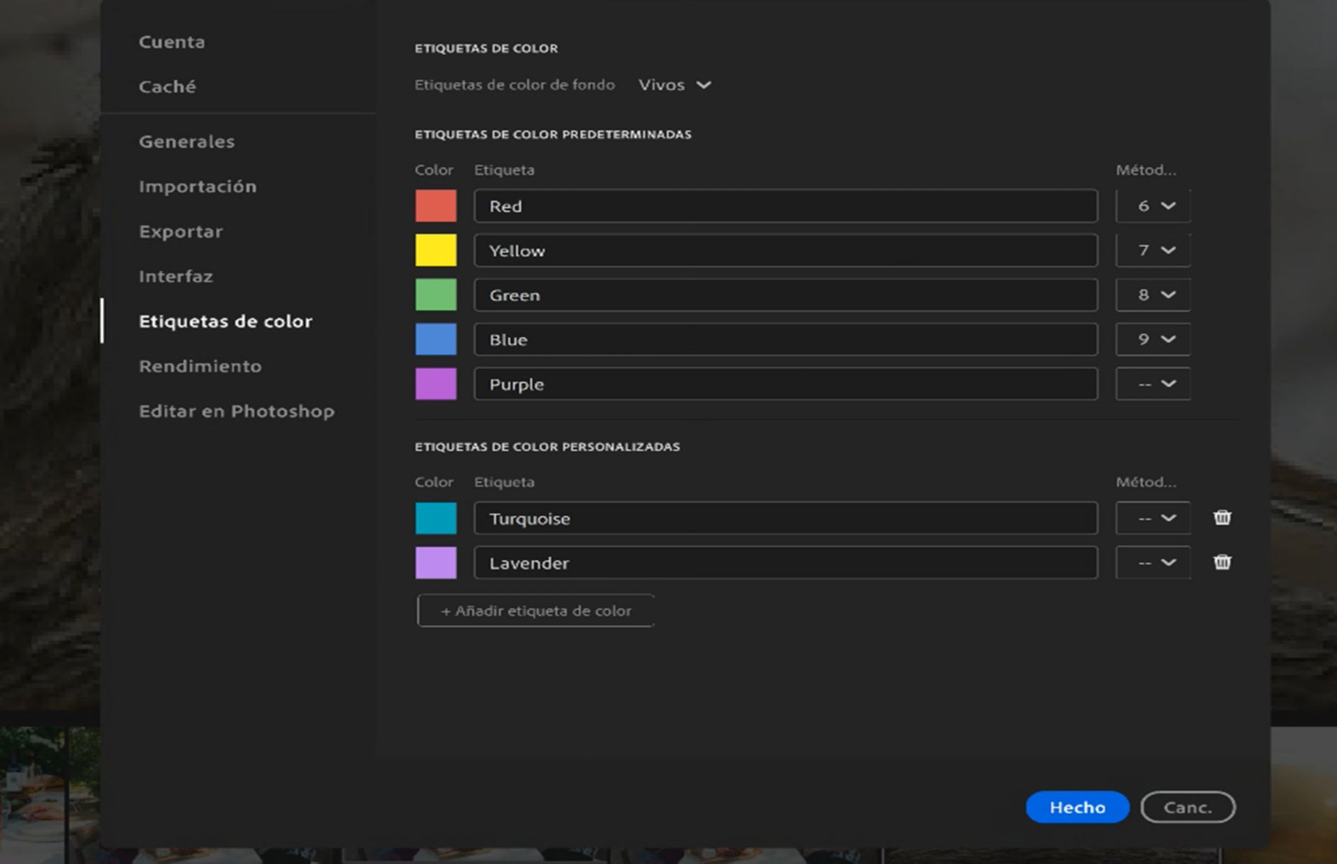 Cuadro de diálogo Preferencias de Lightroom que muestra configuraciones de etiquetas de color predeterminadas y a medida, incluyendo nombres de etiquetas, colores y métodos abreviados de teclado.
