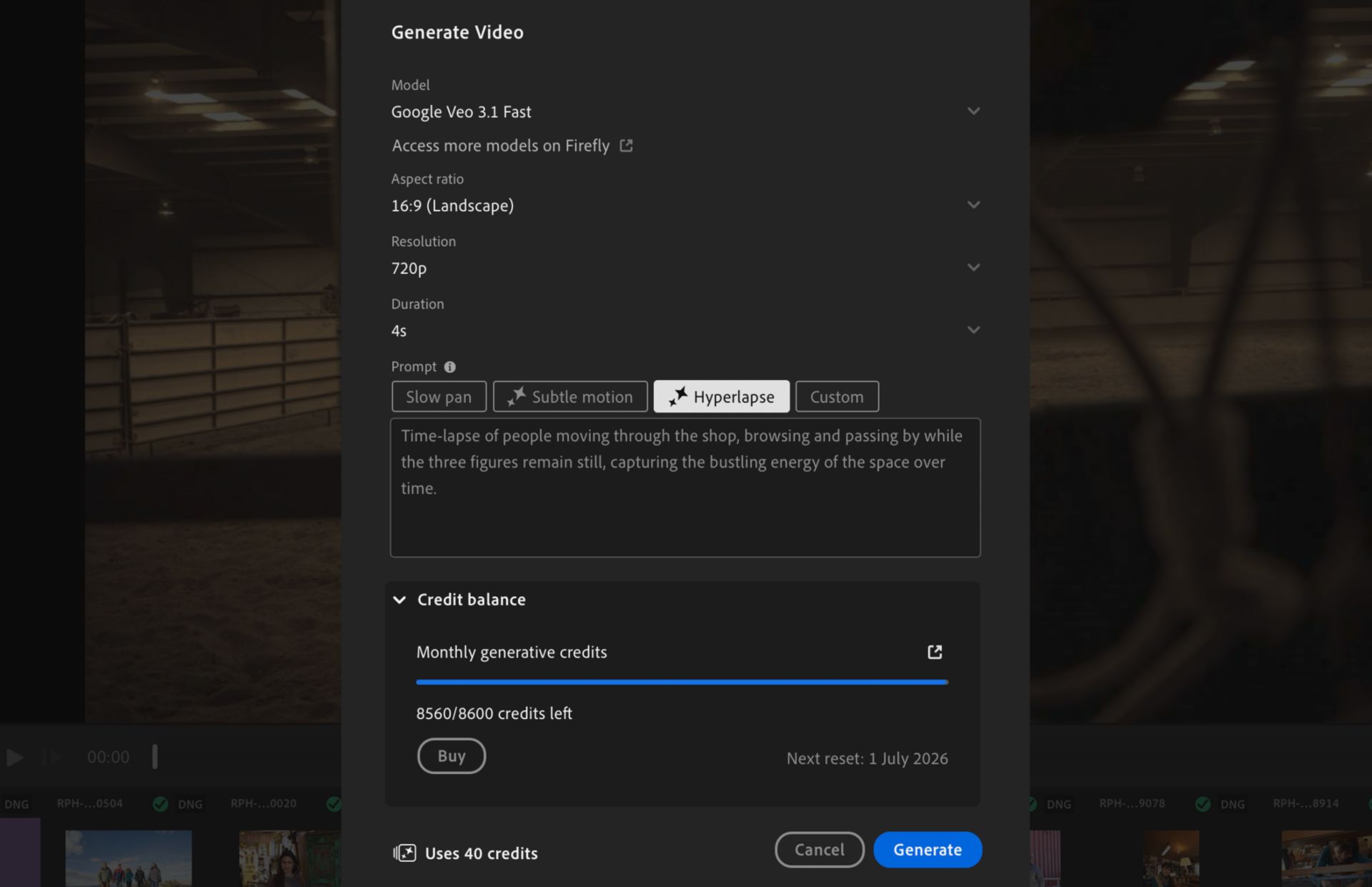 Generate Video dialog in Lightroom showing model selection, aspect ratio, resolution, duration, prompt options, credit balance, and the Generate button.