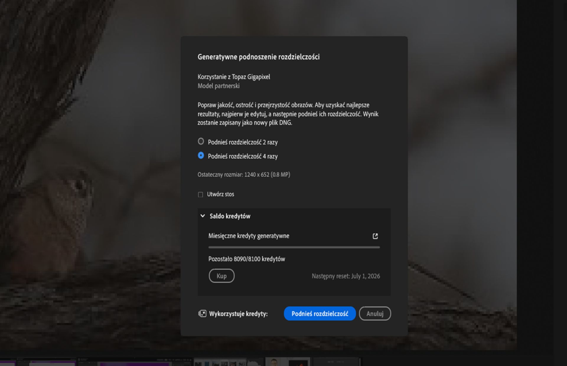 Okno dialogowe Generatywne podnoszenie rozdzielczości w programie Lightroom.