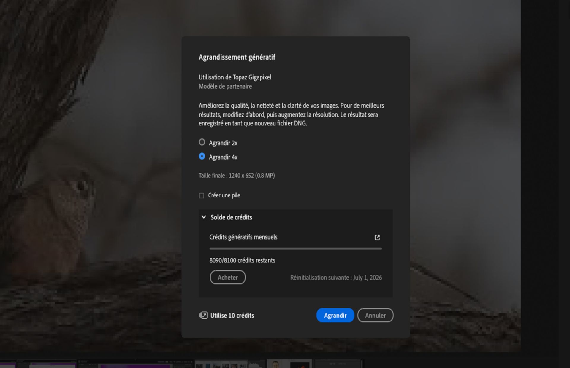 Boîte de dialogue Agrandissement génératif dans Lightroom.