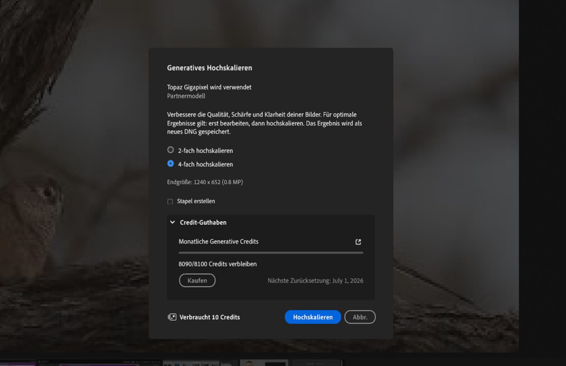 Dialogfeld „Generatives Hochskalieren“ in Lightroom.