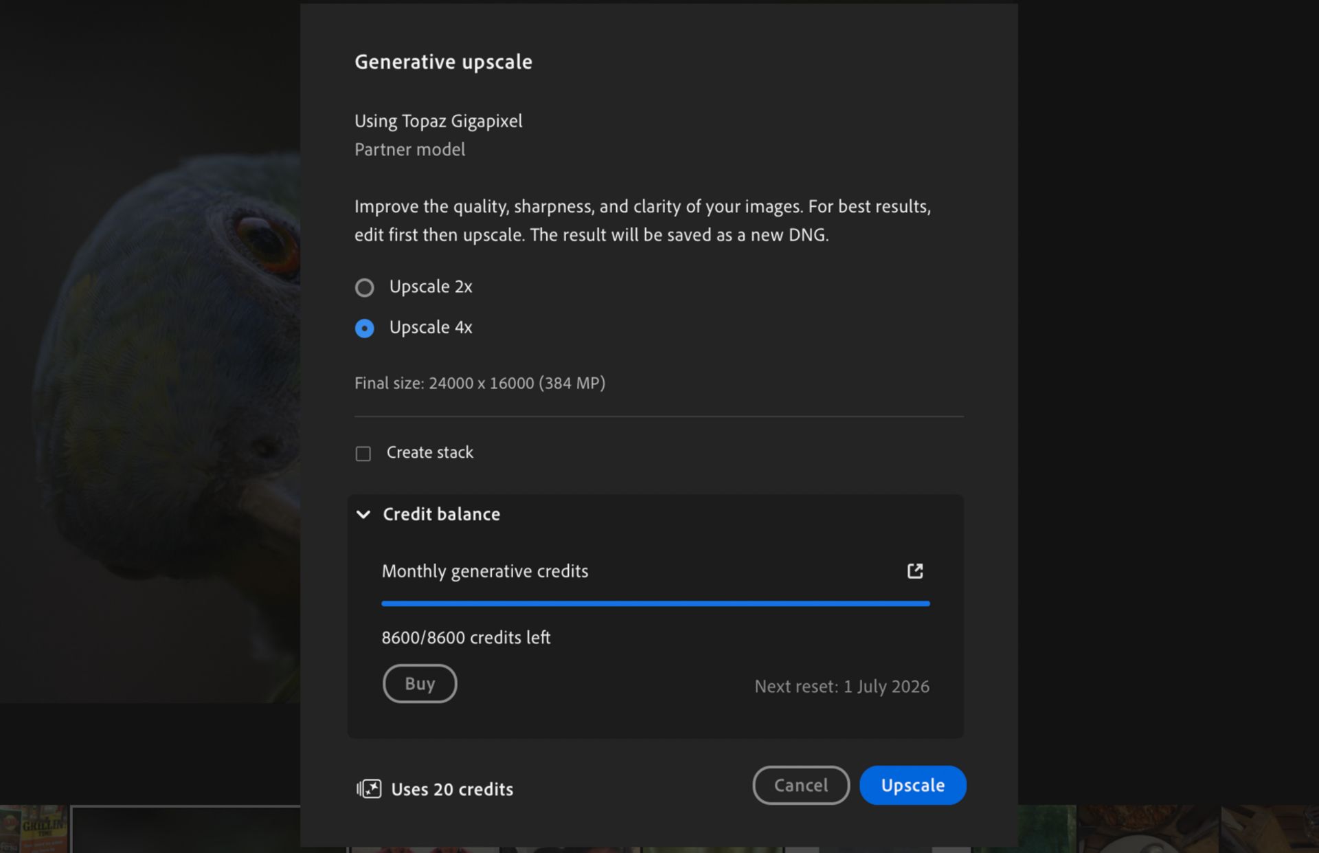 Generative Upscale dialog box in Lightroom.