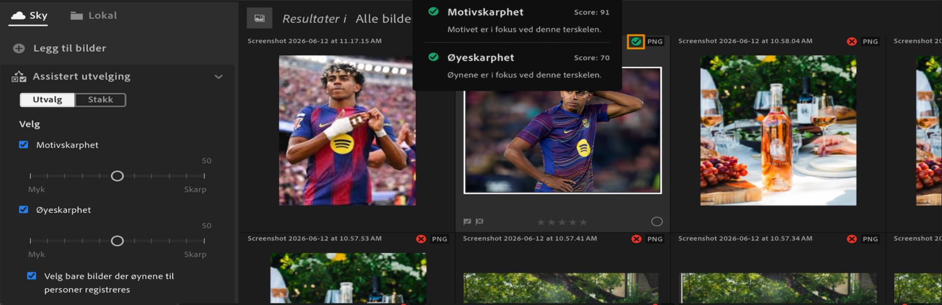 Assistert utvelging-visningen i Lightroom med filtrene Motivskarphet og Øyeskarphet, og et verktøytips som viser kriteriene og poengsummene som er brukt for å velge ut et bilde.