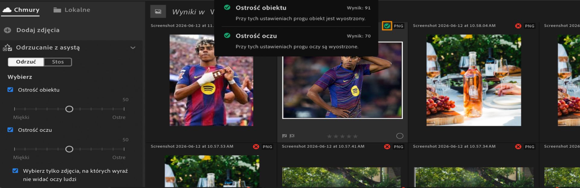 Widok funkcji Odrzucanie z asystą w programie Lightroom pokazujący filtry Ostrość obiektu i Ostrość oczu z etykietką narzędzia wyświetlającą kryteria i wyniki używane do wyboru zdjęcia.