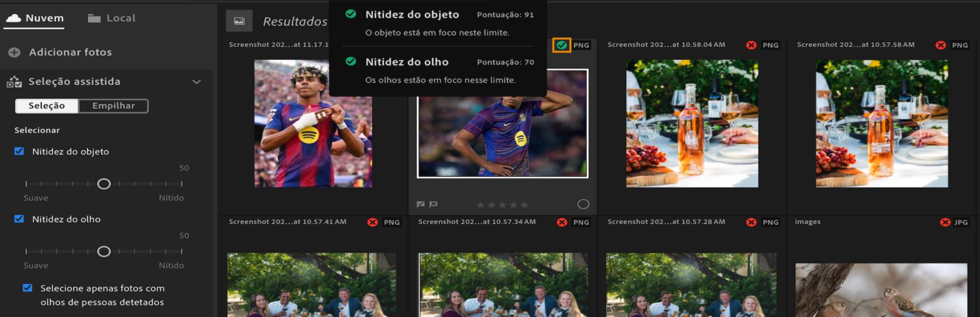 Exibição de Seleção Assistida no Lightroom mostrando filtros de Nitidez do Assunto e Nitidez dos Olhos, com uma dica de ferramenta exibindo os critérios e pontuações utilizados para selecionar uma foto.