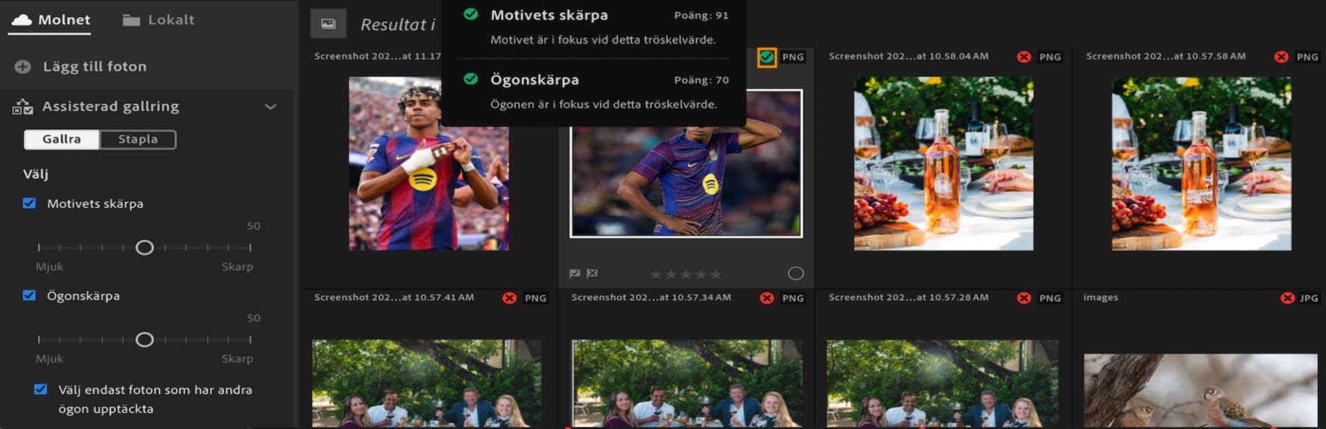 Assisterad gallring-vy i Lightroom som visar filter för motivskärpa och ögonskärpa, med en informationsruta som visar kriterierna och poängen som användes för att välja ett foto.