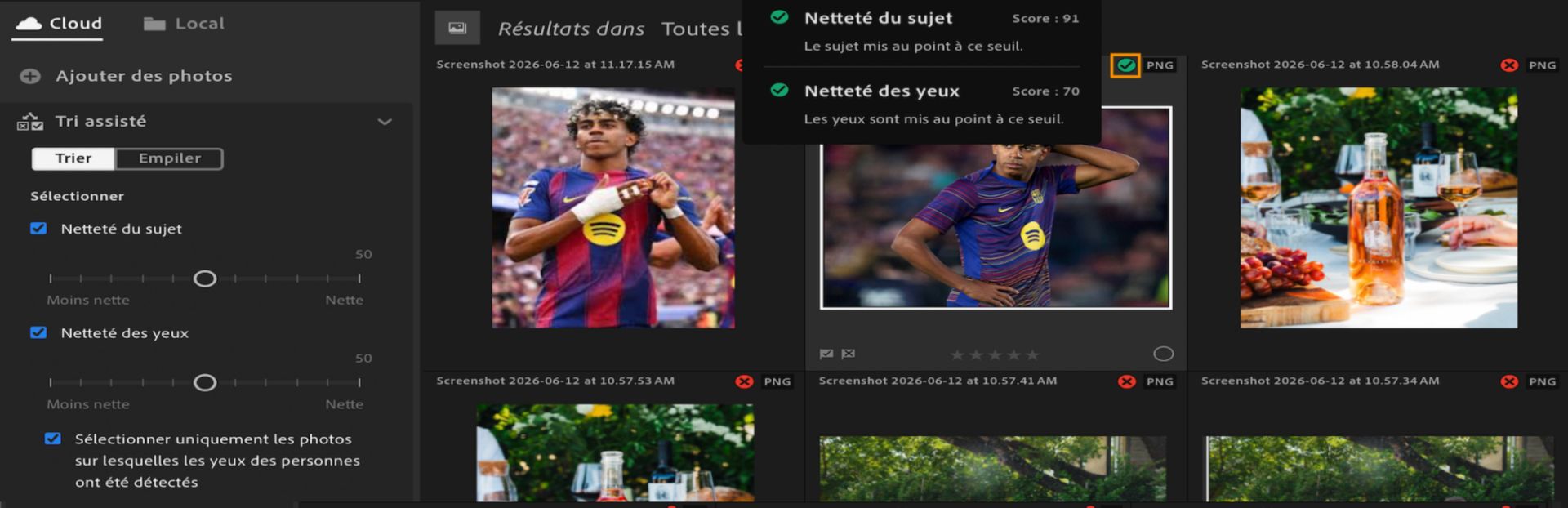 Vue de tri assisté dans Lightroom affichant les filtres de netteté du sujet et de netteté des yeux, avec une infobulle présentant les critères et scores utilisés pour sélectionner une photo.