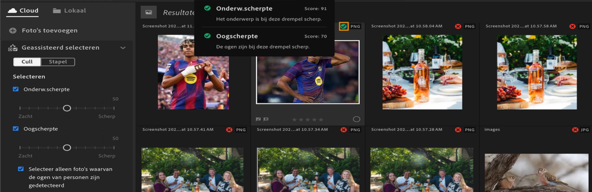 Geassisteerd selecteren-weergave in Lightroom met filters voor Onderwerpscherpte en Oogscherpte, met knopinfo waarin de criteria en scores worden weergegeven die zijn gebruikt om een foto te selecteren.