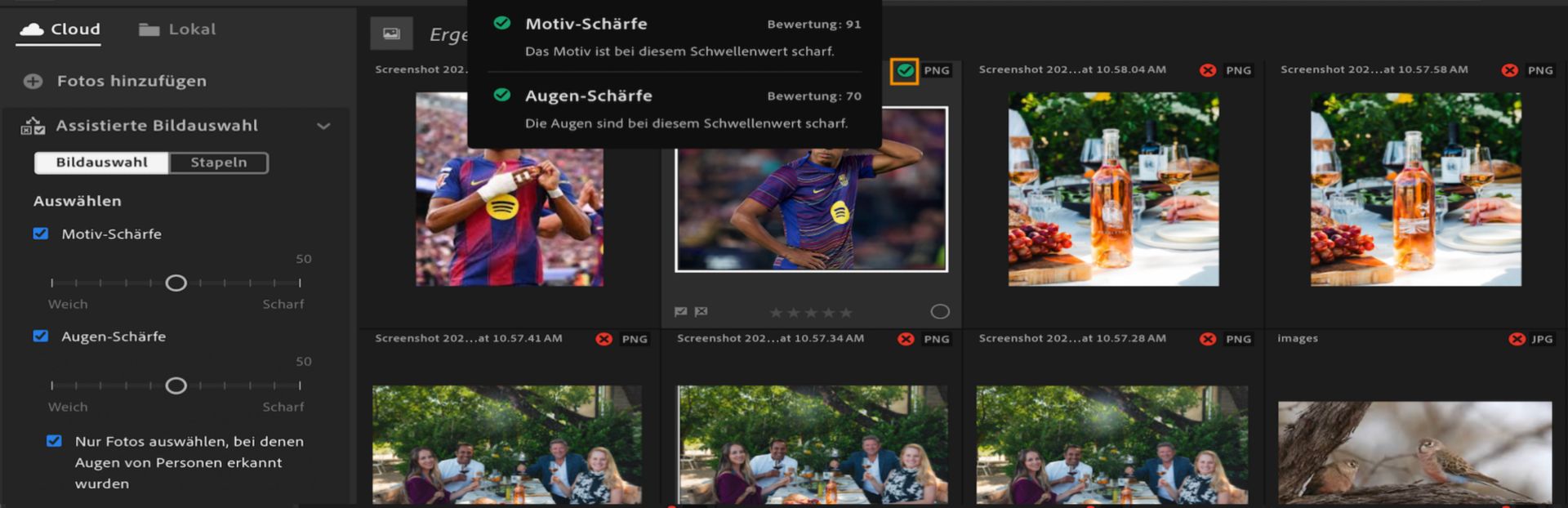 Ansicht der assistierten Bildauswahl in Lightroom mit Motivschärfe- und Augenschärfe-Filtern, mit einer QuickInfo, die die Kriterien und Bewertungen zur Auswahl eines Fotos anzeigt.