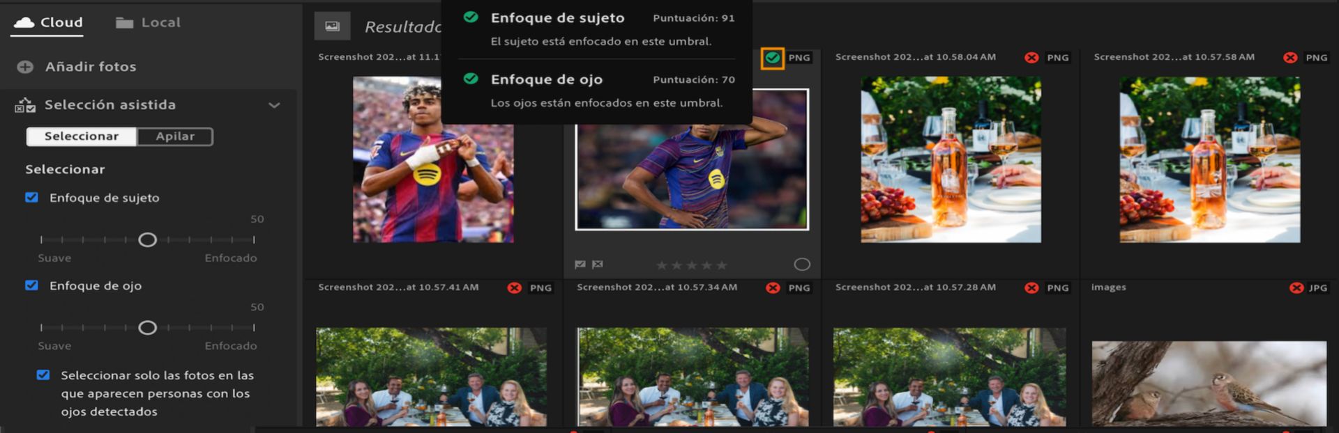 Vista de Selección asistida en Lightroom que muestra los filtros de Nitidez del sujeto y Nitidez de ojos, con una ayuda contextual que muestra los criterios y puntuaciones utilizados para seleccionar una foto.