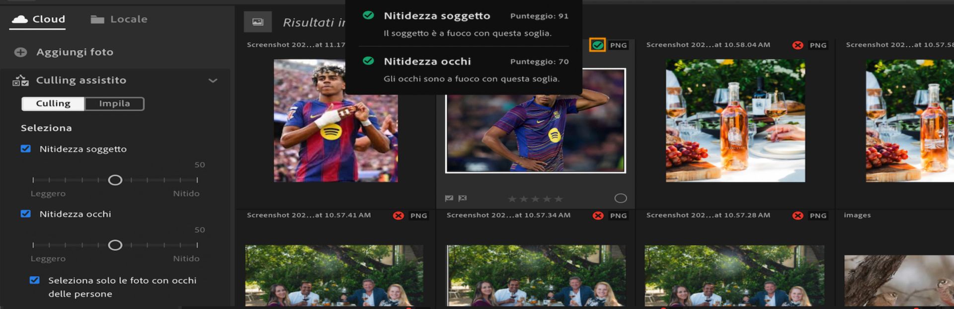 Vista Culling assistito in Lightroom che mostra i filtri Nitidezza soggetto e Nitidezza occhi, con una descrizione comando che visualizza i criteri e i punteggi utilizzati per selezionare una foto.