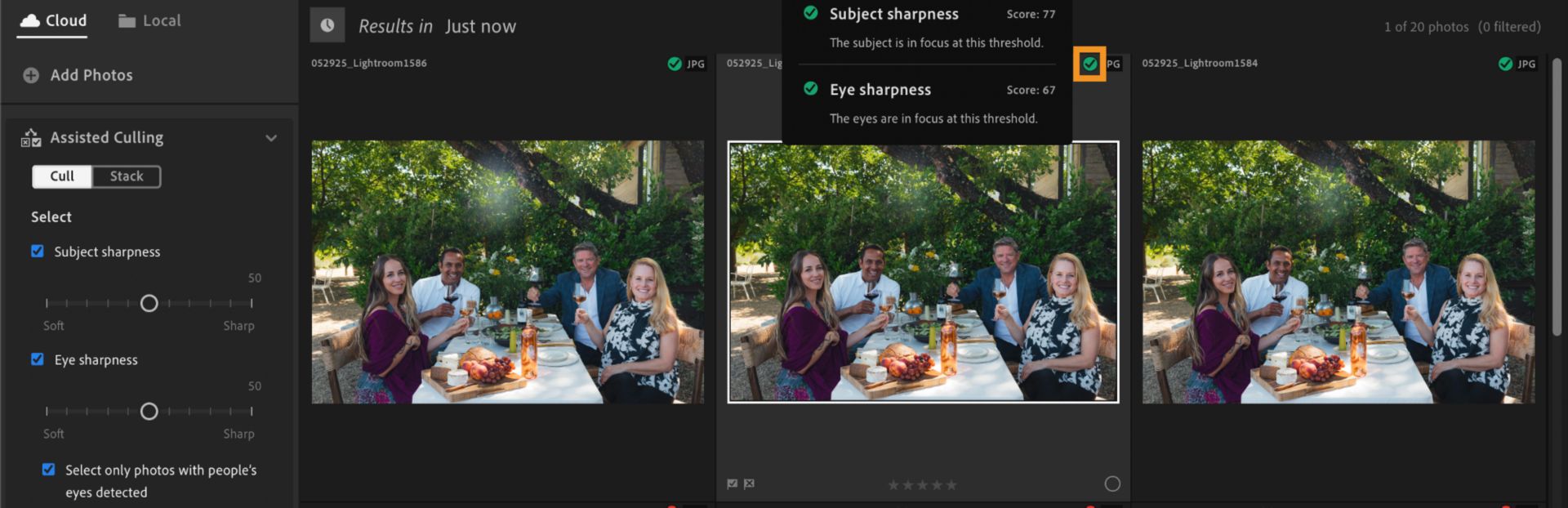 Assisted Culling view in Lightroom showing Subject Sharpness and Eye Sharpness filters, with a tooltip displaying the criteria and scores used to select a photo.