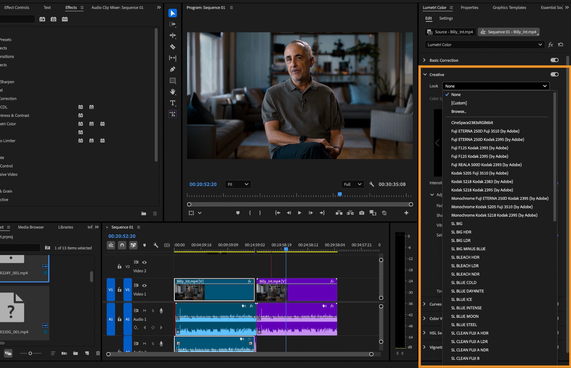 Panel Lumetri que muestra múltiples opciones de LUT de aspecto cinematográfico para usar con clips gestionados por color.