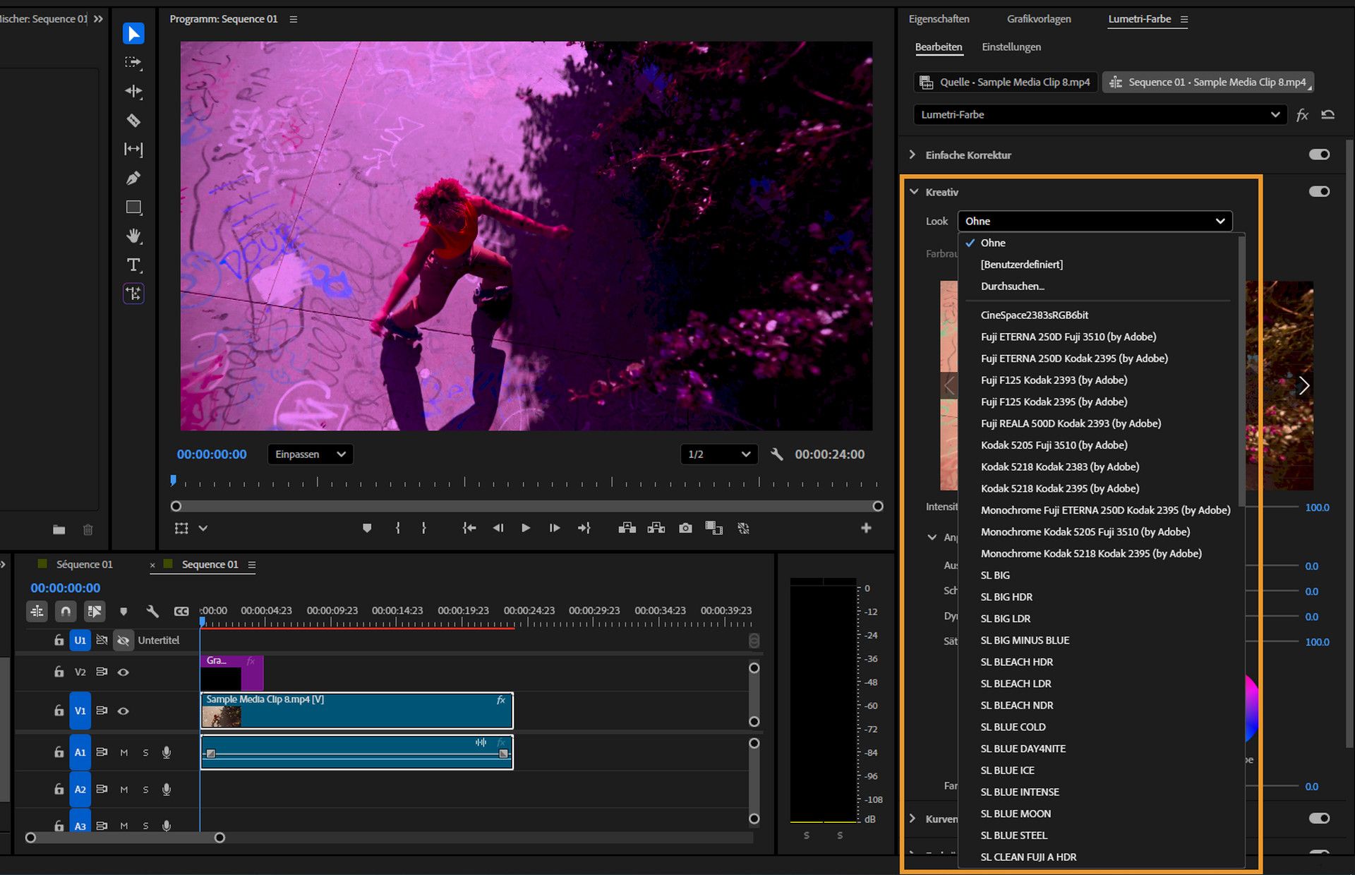 Bedienfeld „Lumetri“, das mehrere Film-Look-LUT-Optionen zur Verwendung mit farbverwalteten Clips anzeigt.