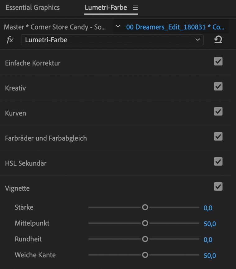 Steuerelemente zum Erstellen einer Vignette im Bedienfeld „Lumetri-Farbe“