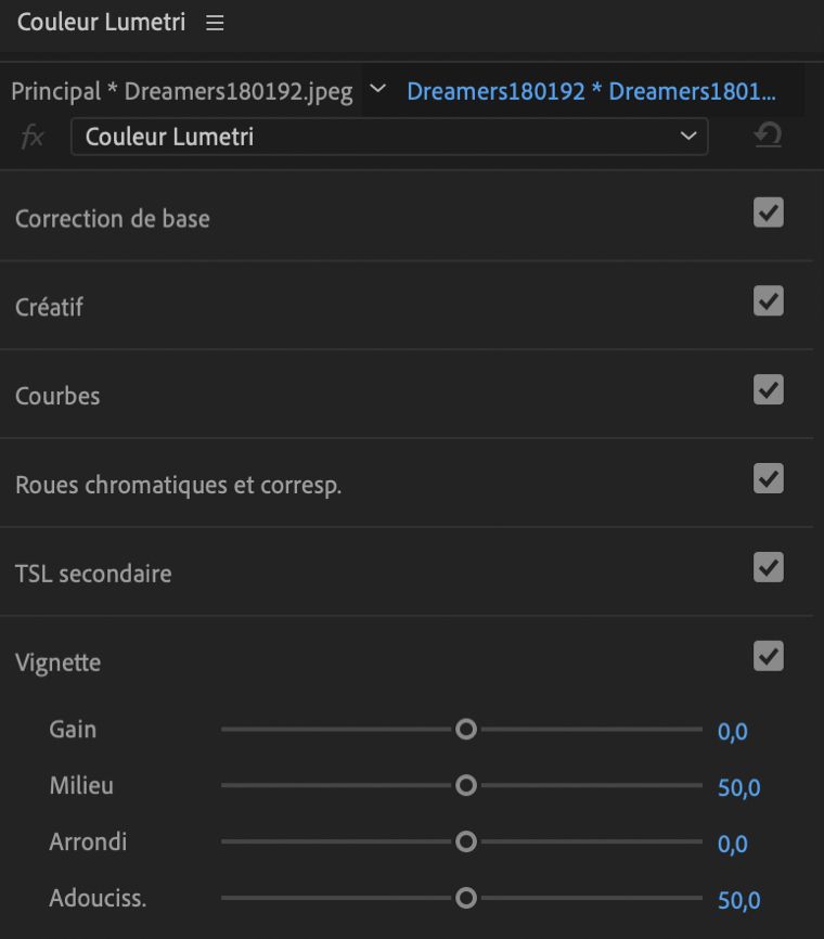 Contrôles pour la création d’une vignette dans le panneau Couleur Lumetri