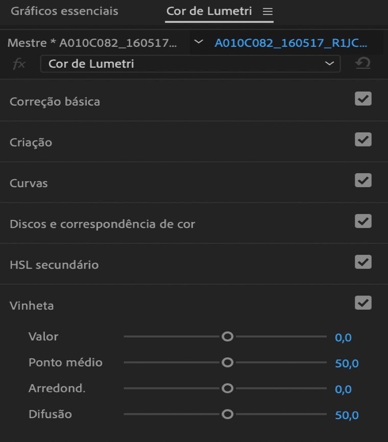 Controles para criar uma vinheta no painel Cor de Lumetri