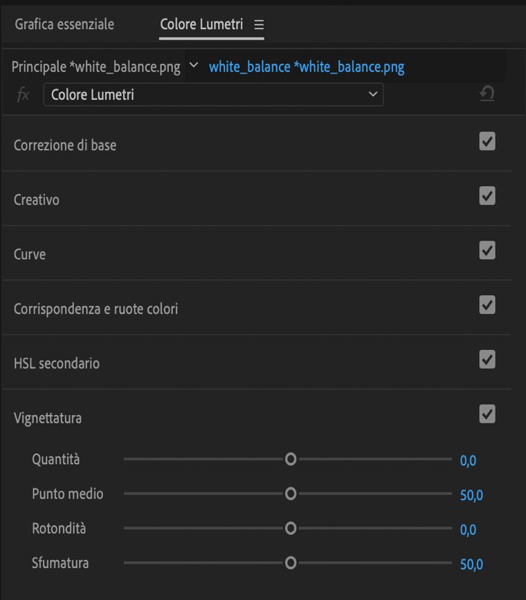 Controlli per la creazione di una vignettatura nel pannello Colore Lumetri