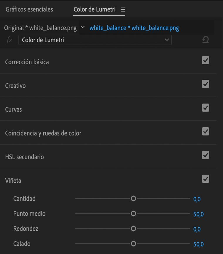 Controles para crear una viñeta en el panel Lumetri Color