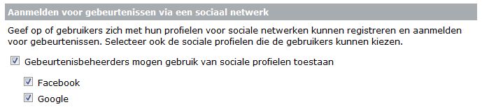 De optie voor registreren en aanmelden met sociale accounts kan worden ingeschakeld door een beheerder.