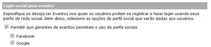 A opção para registro e login usando contas sociais pode ser habilitada por um administrador.