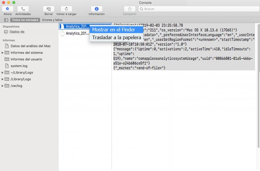 Informes del sistema en Mac: revelar en el Finder