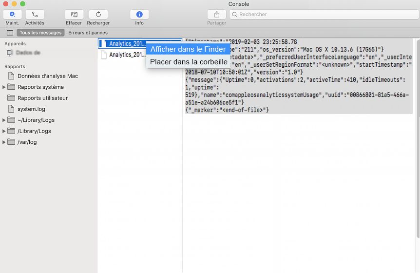 Rapports système Mac - Afficher dans le Finder