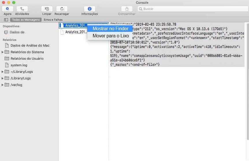Relatórios do sistema Mac - Mostrar no Finder