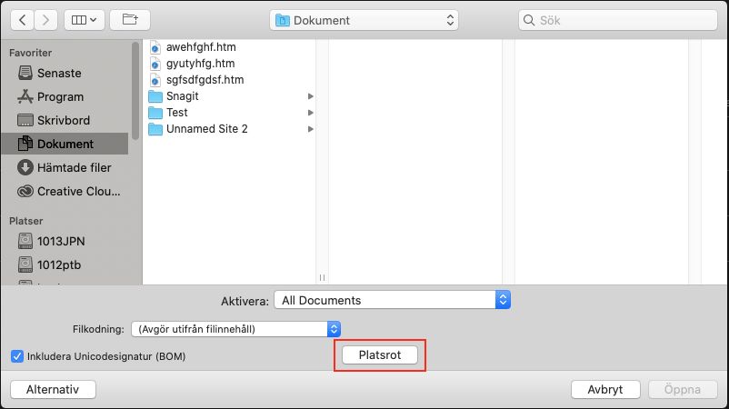 Rotknapp i dialogrutan med öppen fil