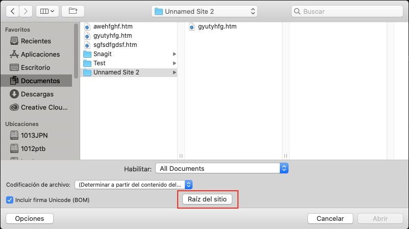 Botón de raíz en el cuadro de diálogo Abrir archivo