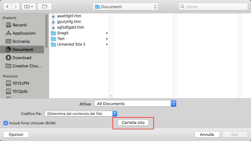 Pulsante cartella principale del sito nella finestra di dialogo Apri file