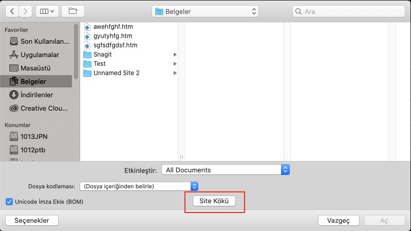 Açık dosya iletişim kutusundaki kök düğmesi