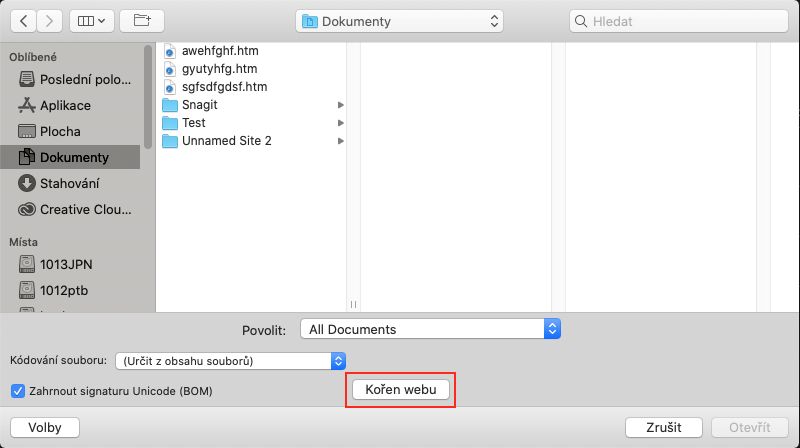Tlačítko Kořen webu v dialogovém okně Otevřít soubor
