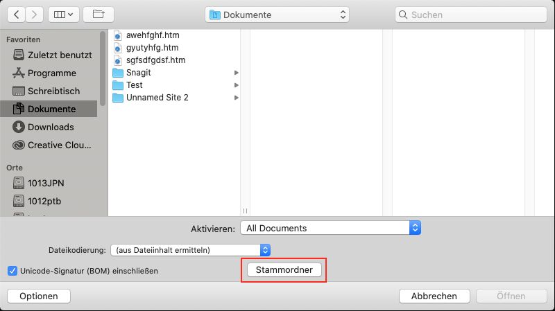 Schaltfläche „Root“ im Dialogfeld „Datei öffnen“
