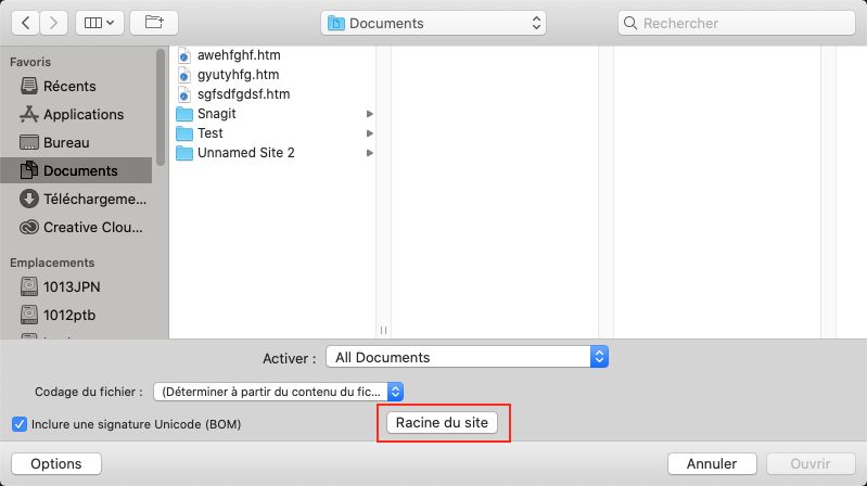 Bouton Racine dans la boîte de dialogue Ouvrir