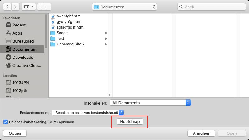 Hoofdknop in het dialoogvenster Bestand openen