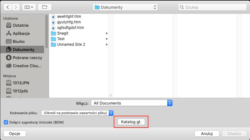 Przycisk katalogu głównego w oknie dialogowym otwierania pliku