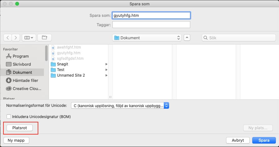 Rotknapp i dialogrutan i spara som fil