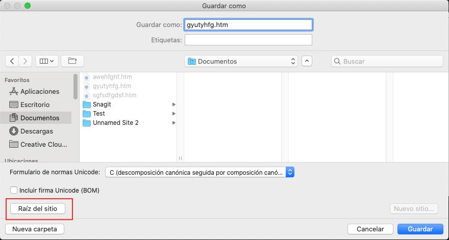 Botón de raíz en el cuadro de diálogo Guardar como