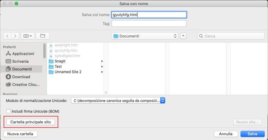 Pulsante cartella principale del sito nella finestra di dialogo Salva come file