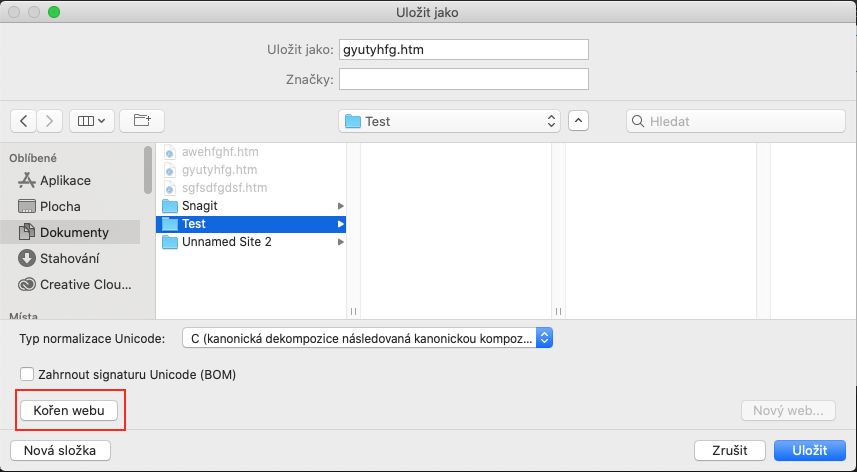 Tlačítko Kořen webu v dialogovém okně Uložit soubor jako