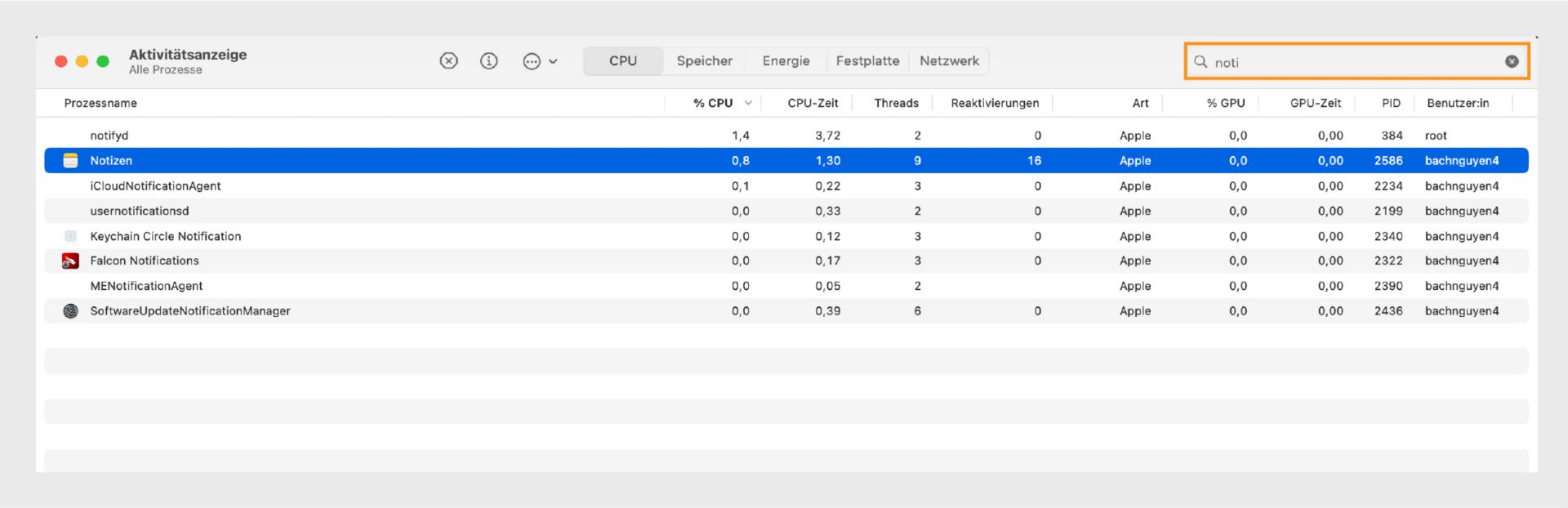 macOS Aktivitätsanzeige mit allen zugehörigen Prozessen.
