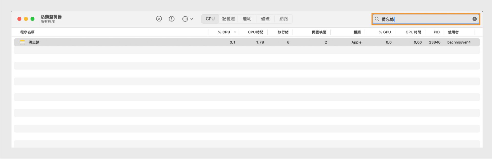 macOS 活動監視器顯示所有相關程序。