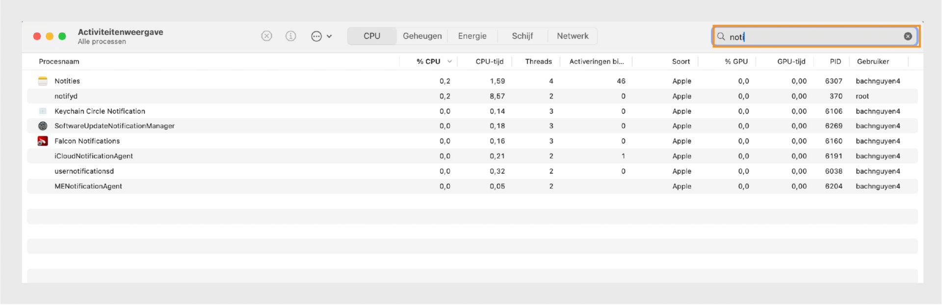 macOS Activiteitenweergave met alle gerelateerde processen.