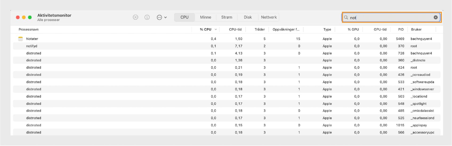 macOS Aktivitetsovervåking som viser alle relaterte prosesser.