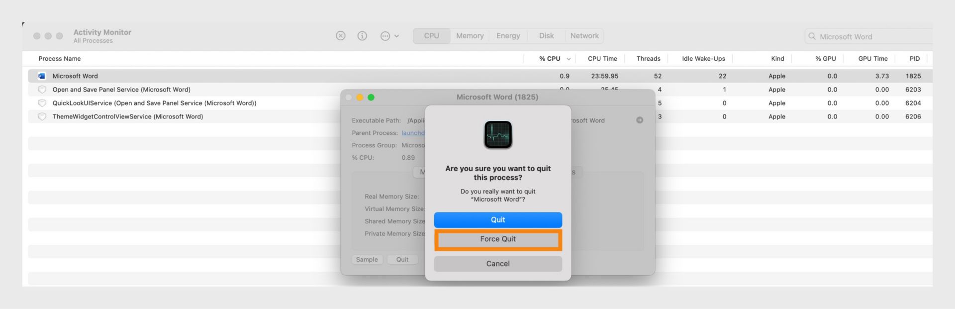 macOS-i Toimingumonitor, mis palub Microsoft Wordi lõpetada või sundlõpetada, kus „Sunni lõpetama“ on esile tõstetud.