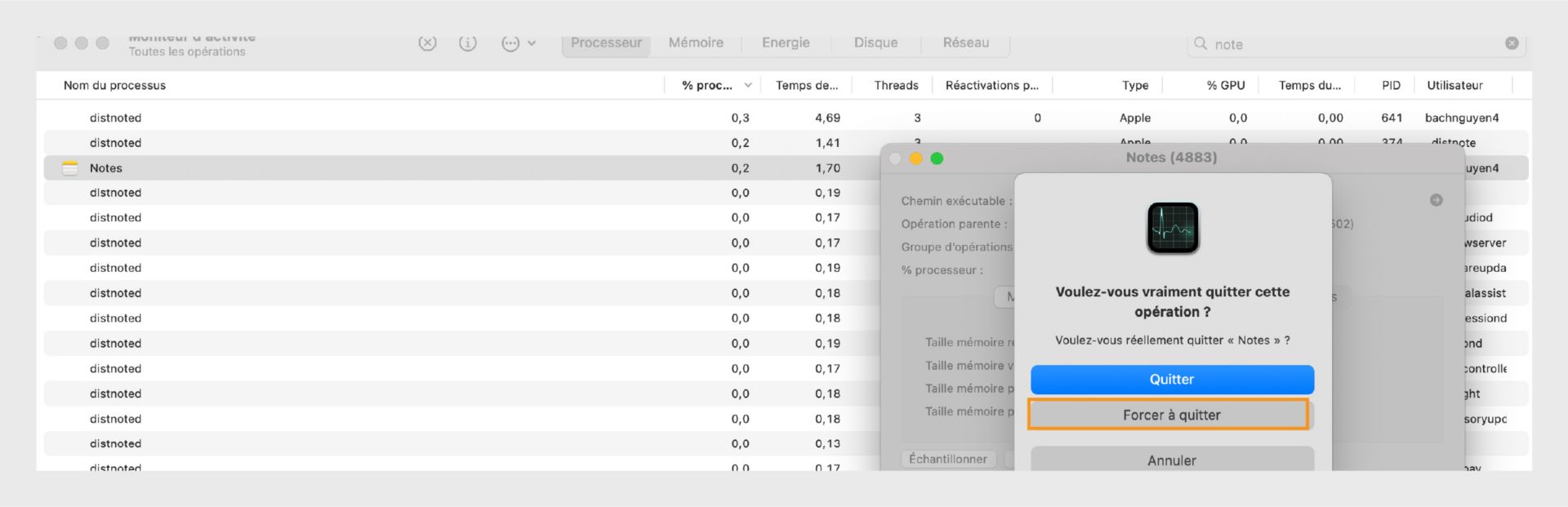 Moniteur d'activité de macOS invitant à quitter ou forcer à quitter Microsoft Word, avec Forcer à quitter mis en évidence.