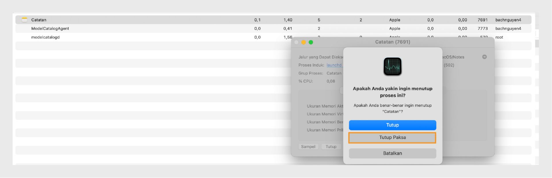 Monitor Aktivitas macOS meminta untuk keluar atau paksa keluar Microsoft Word, dengan Paksa Keluar disorot.